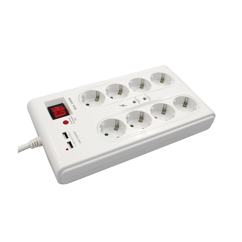 Fjöltengi 8F m/rofa +2USB yfirálagsvörn hvítt