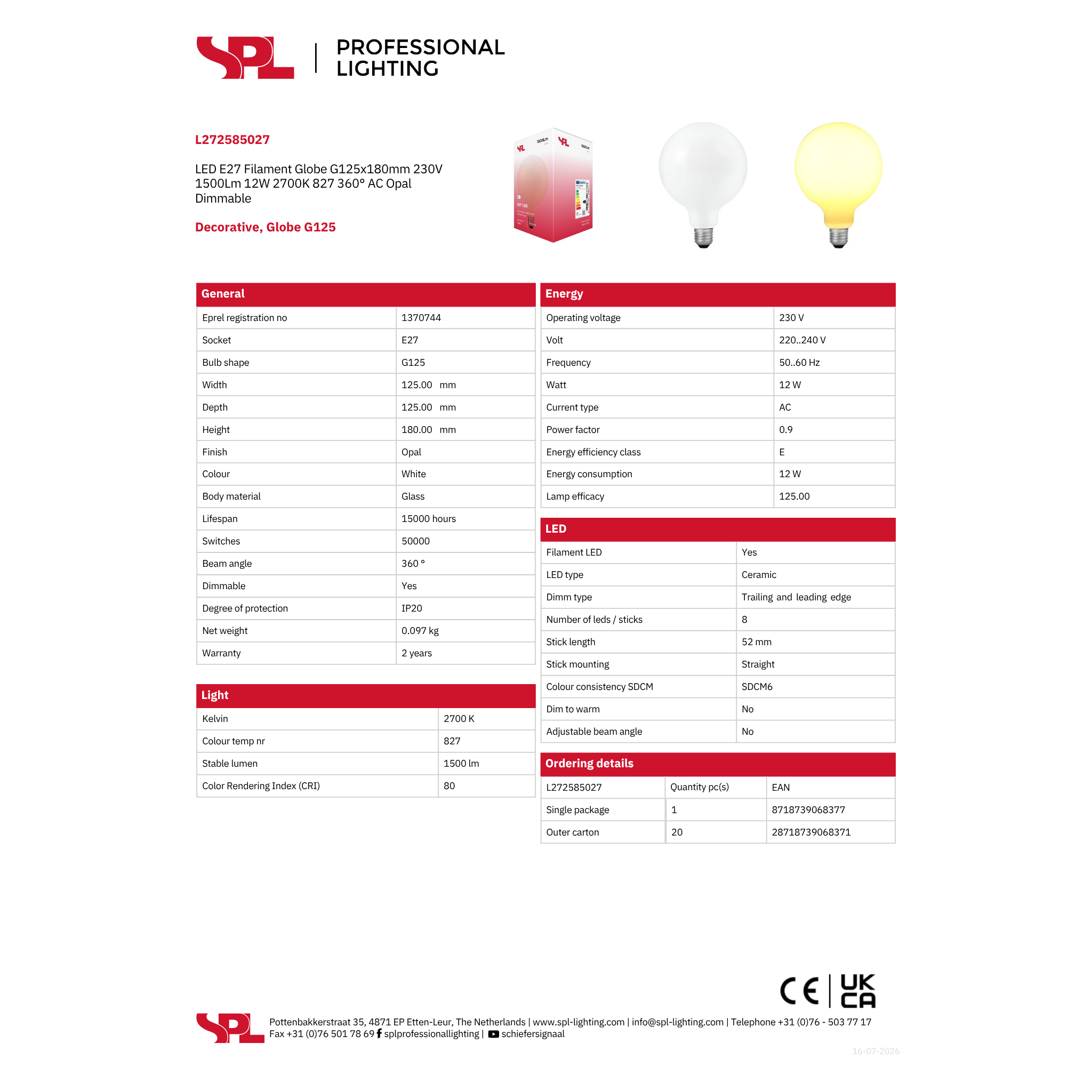 LED G125 opal 12W 1500lm 27K E27 dimmanleg - Image 2