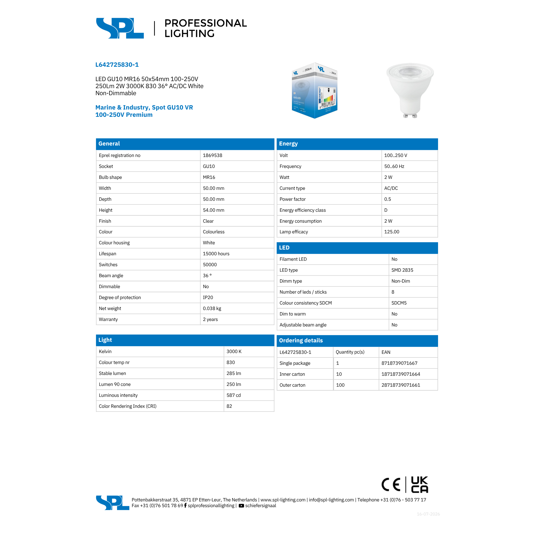 Led GU10 2W 250lm 3K 36° - Image 2