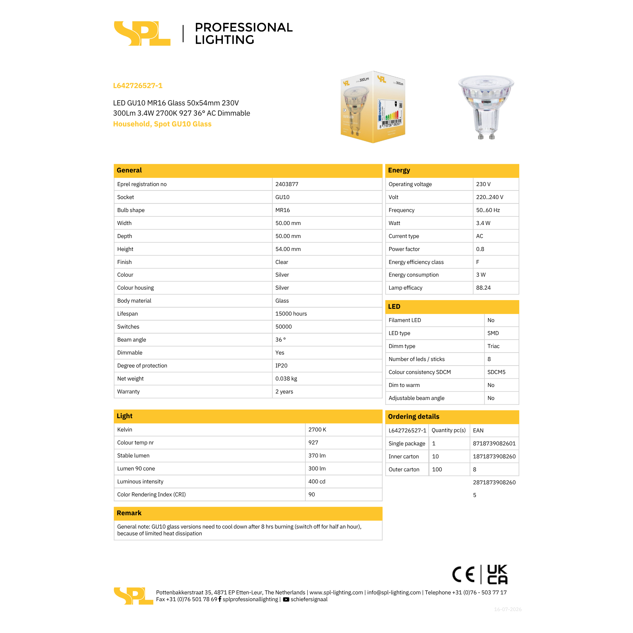 Led GU10 3,4W 275lm 27K 38° dimmanleg - Image 2