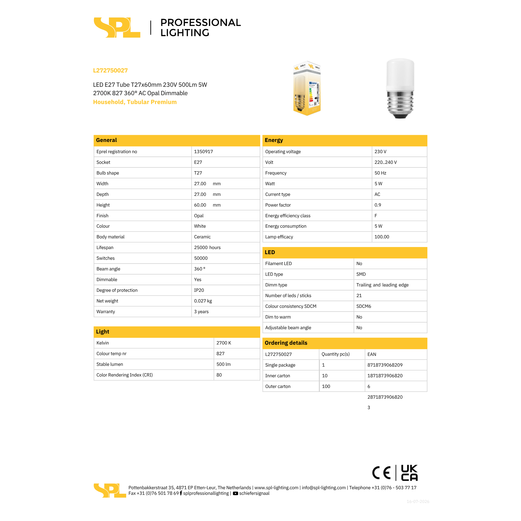 LED Tube T27x60mm 5W 3K 500lm E27 dim - Image 2